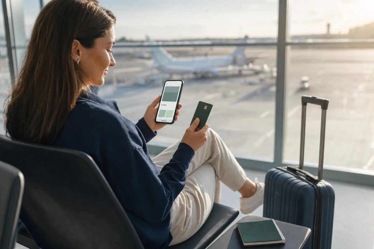 Podróżny w hali odlotów lotniska ze smartfonem i kartą płatniczą: promocja konta BNP Paribas Podróżnik z aplikacją 2 z premią do 1100 zł.