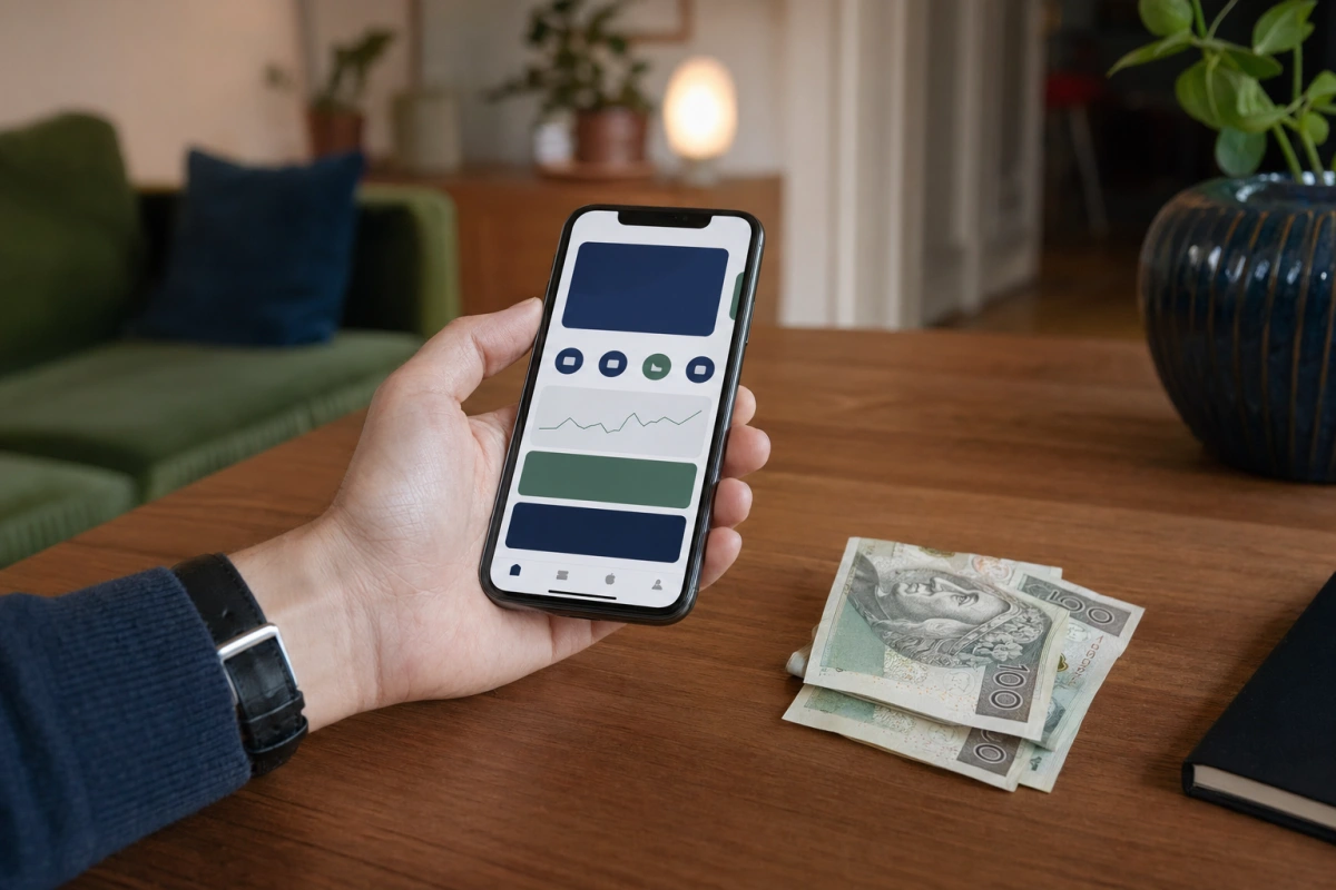 Smartfon z aplikacją finansową i banknoty 100 zł na biurku — chwilówki online, ranking firm pożyczkowych w 2026 r.