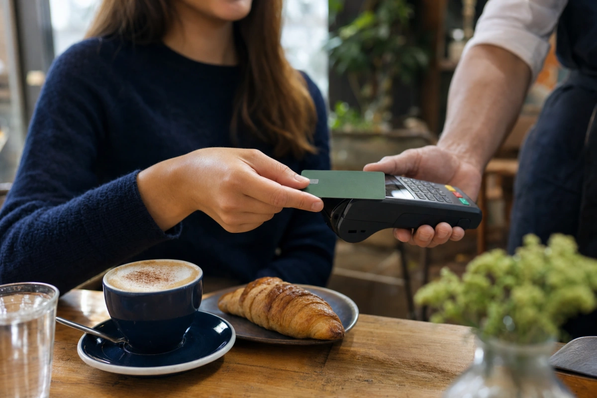 Płatność kartą przy stoliku w kawiarni obok filiżanki kawy i deseru: promocja Credit Agricole Smaczne zwroty z moneybackiem do 1000 zł za płatności w gastronomii.