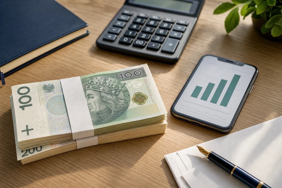 Banknoty 100 i 200 zł, kalkulator i smartfon z wykresem na biurku — ranking kredytów gotówkowych w maju 2026 po obniżce stóp NBP.