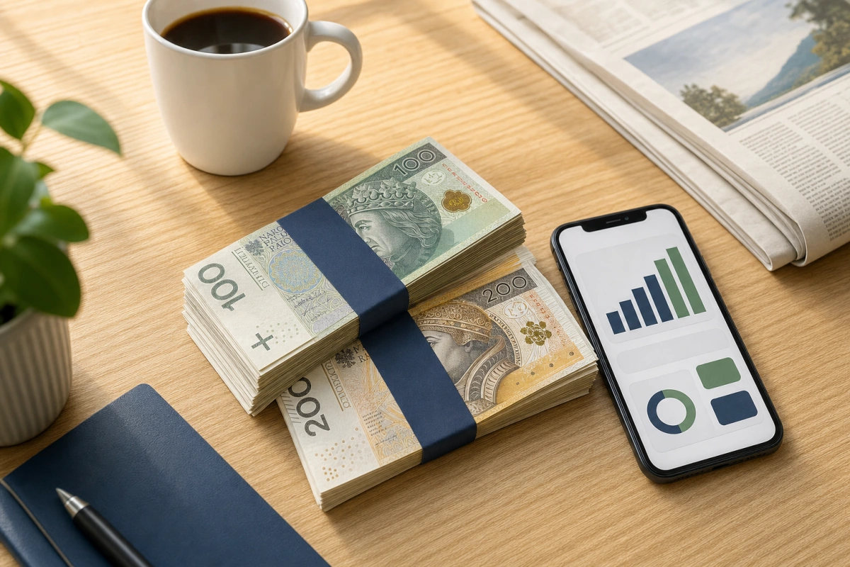 Banknoty 100 i 200 zł, smartfon z wykresem i kubek na biurku — ranking lokat bankowych w maju 2026.