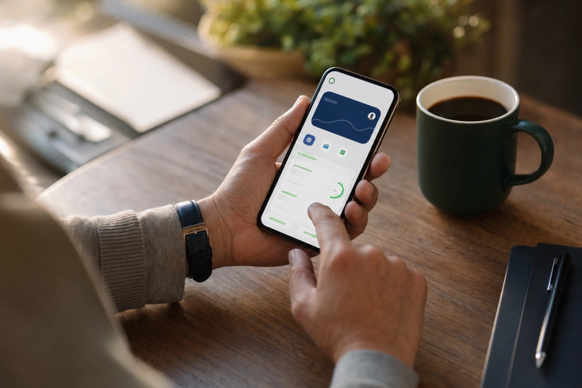 Ręce trzymające smartfon z aplikacją finansową — pierwsza pożyczka za darmo dla nowych klientów u pożyczkodawców pozabankowych.