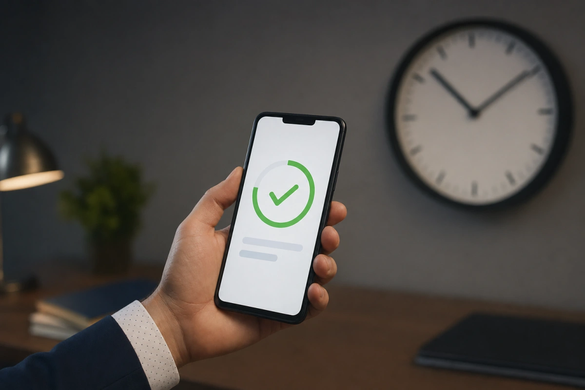 Smartfon z potwierdzeniem i zegar w tle — pilna pożyczka online z natychmiastową wypłatą na konto.