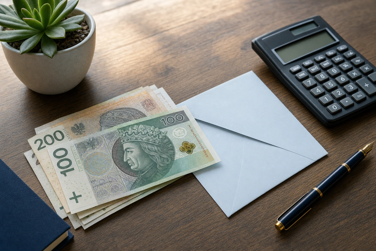 Banknoty, koperta, kalkulator i pióro na biurku — zwrot z PIT 2025 i decyzja co z nim zrobić w maju 2026.