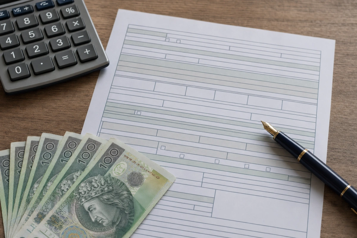 Formularz podatkowy, kalkulator i banknoty 100 zł — podatek Belki 19% od zysków z lokat i obligacji.
