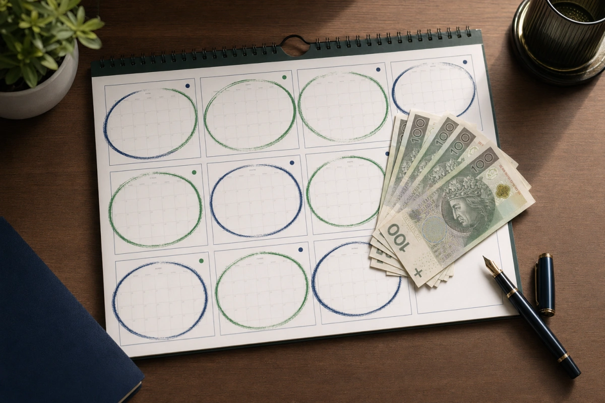 Kalendarz z zaznaczonymi ratami, banknoty i pióro — pożyczka na raty, poradnik spłaty zobowiązania ratalnego.