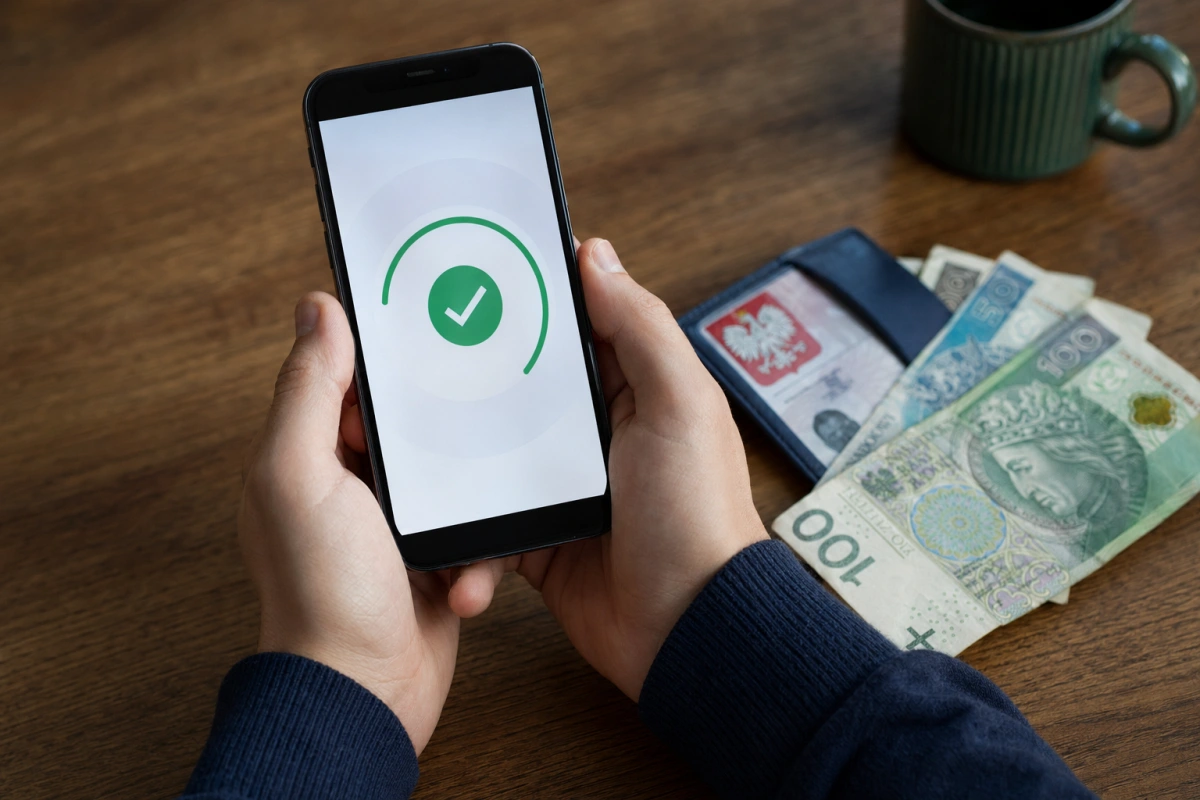 Smartfon z potwierdzeniem, dowód osobisty i banknoty na stole — pożyczki bez BIK od firm pozabankowych.