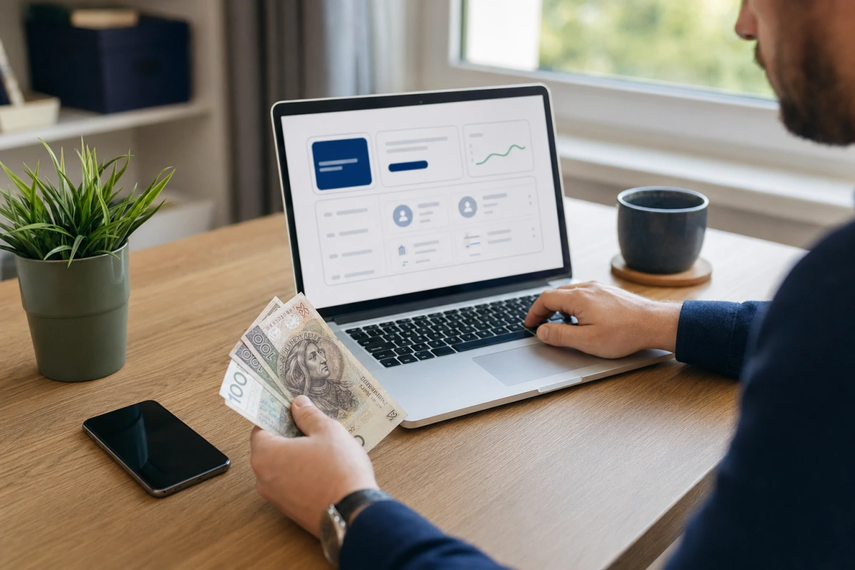 Laptop z aplikacją bankową, smartfon i banknoty na biurku — pożyczki online szybko bez wychodzenia z domu.