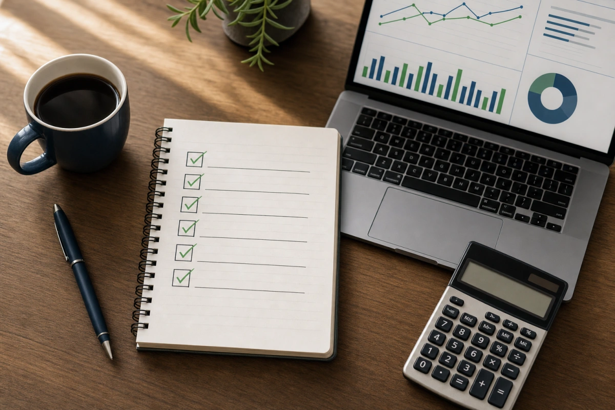 Notes z checklistą finansową, kalkulator, laptop z wykresem i kawa na biurku — półroczny przegląd finansów osobistych w 2026 r.