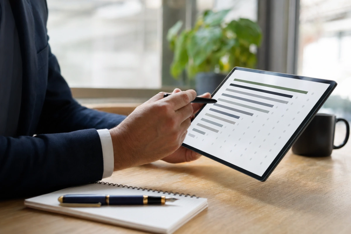 Tablet z rankingiem na biurku i pióro — ranking kredytów gotówkowych w polskich bankach na 2026 r.