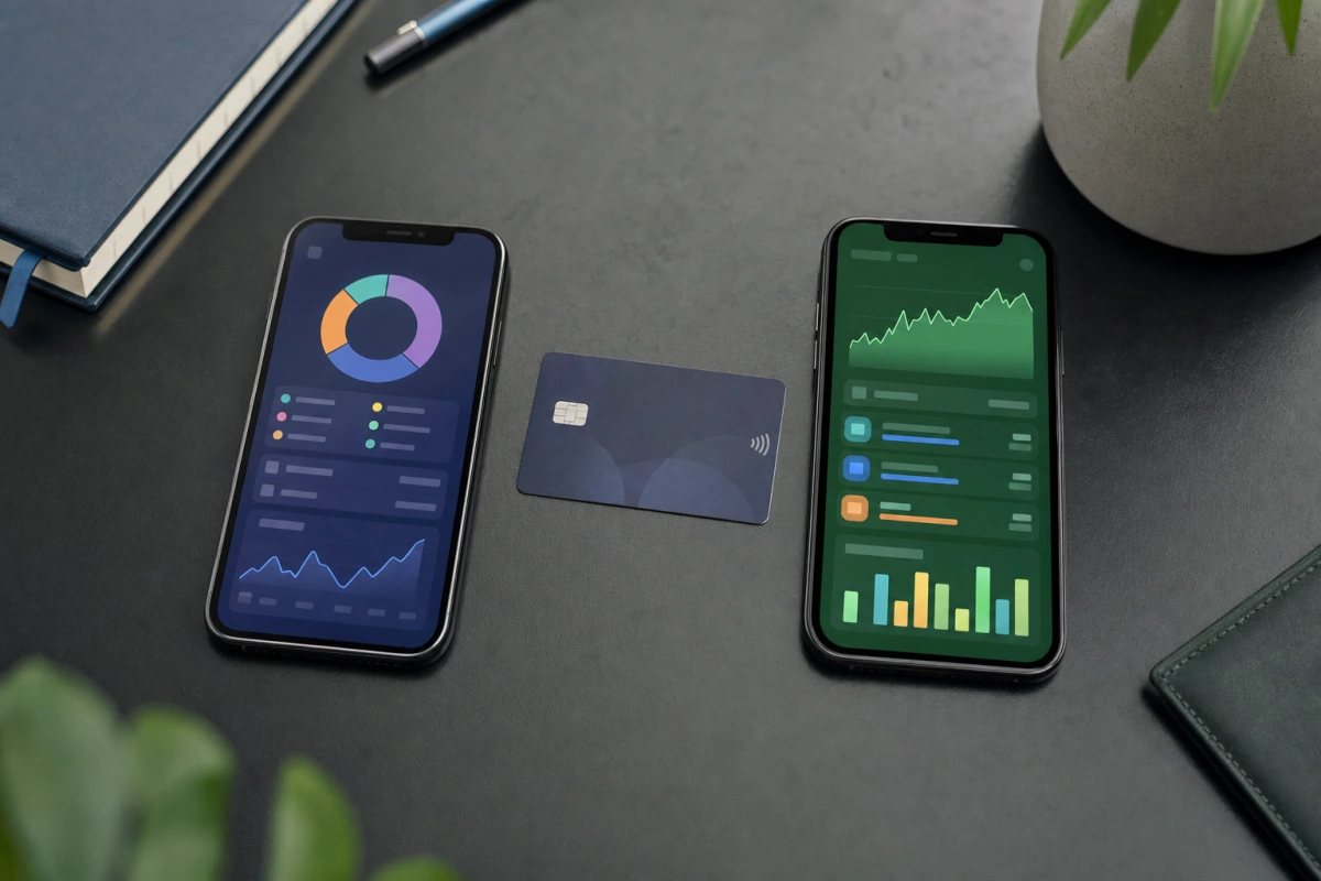 Dwie karty płatnicze i smartfon z aplikacjami finansowymi na biurku obok kalkulatora: porównanie Revolut i ZEN w 2026 roku, ceny planów i bezpieczeństwo środków.