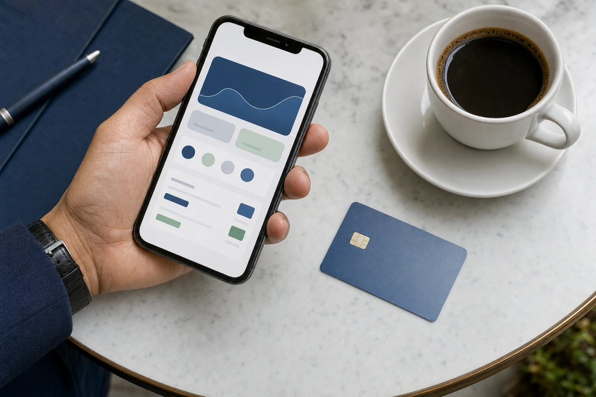 Smartfon z aplikacją bankową i karta płatnicza na białym blacie kawiarni — Revolut w Polsce, opinie i koszty 2026.