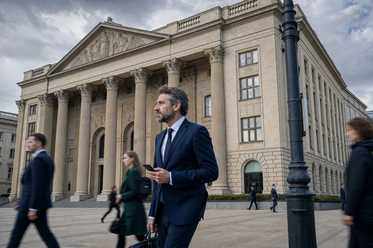 Sala posiedzeń z dokumentami i wykresem stóp procentowych na ekranie, w tle flaga Polski: decyzja RPP o obniżce stóp procentowych we wrześniu 2026 r.