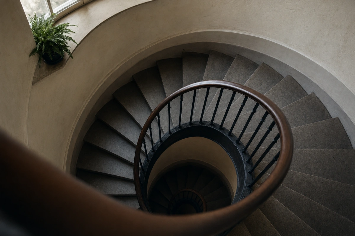 Spiralne schody znikające w cieniu — spirala zadłużenia i pułapka rolowania chwilówek.