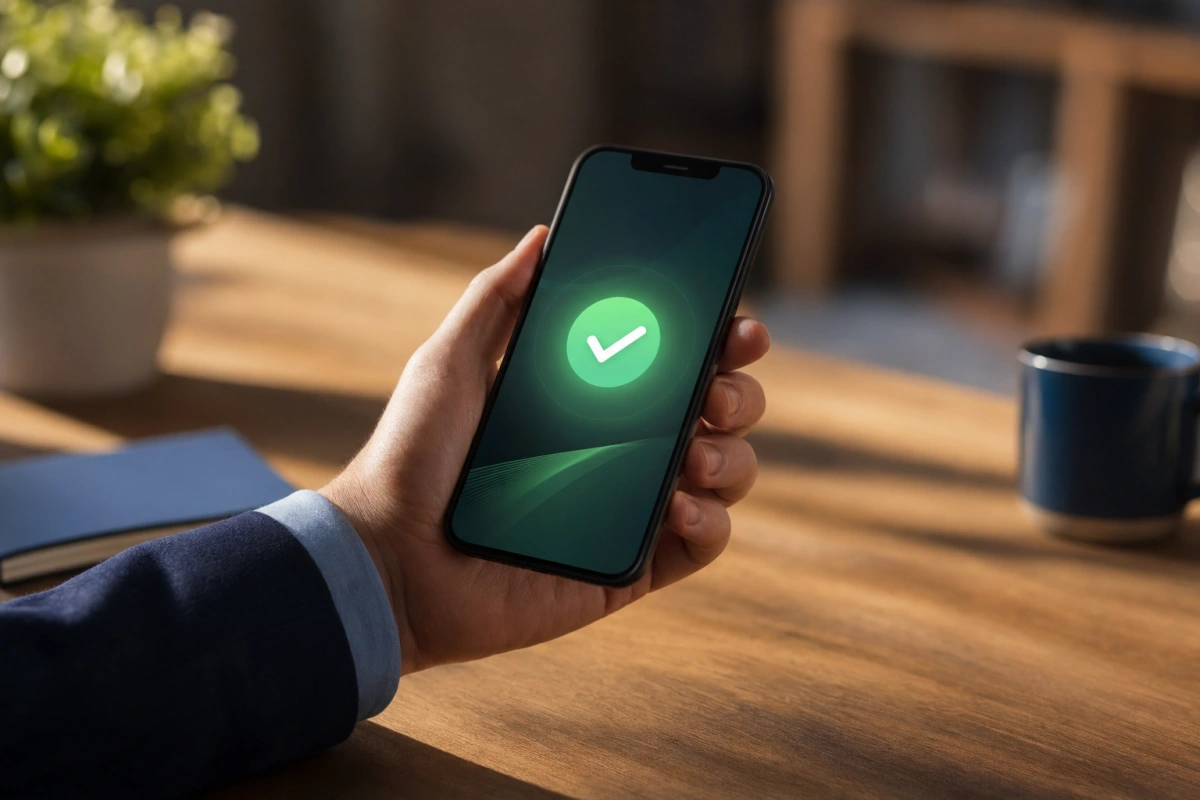 Smartfon z zielonym potwierdzeniem w dłoni — szybka pożyczka online z wypłatą w kilka minut.