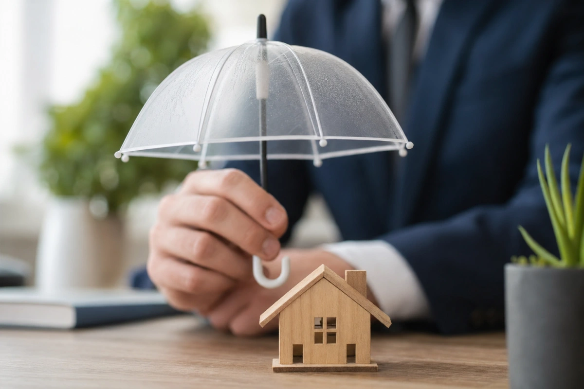 Parasol nad modelem domu na biurku — ubezpieczenie kredytu hipotecznego i polisa na życie do hipoteki.
