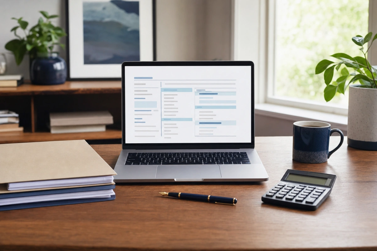 Laptop z formularzem podatkowym, segregator i kalkulator na biurku — ulgi podatkowe w PIT 2026.