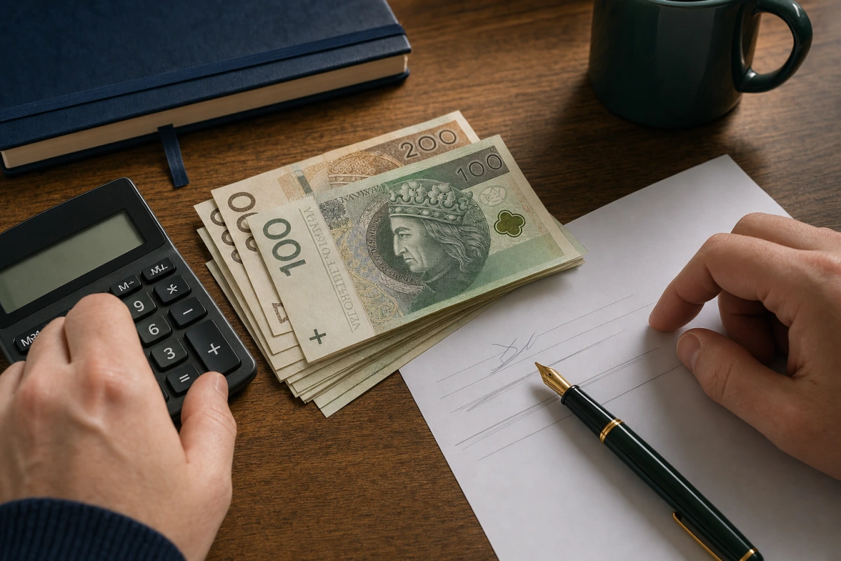 Banknoty, kalkulator i dokument na biurku — wcześniejsza spłata kredytu i zwrot prowizji bankowej 2026.
