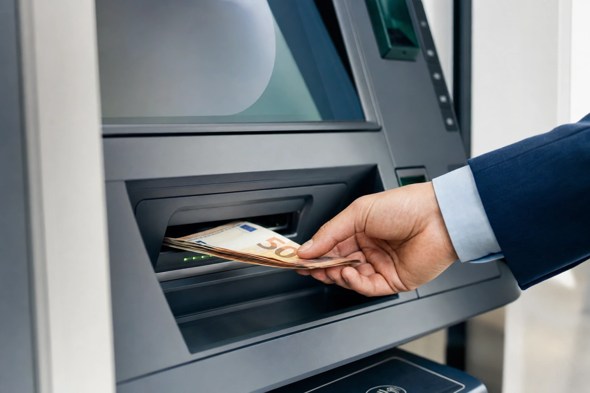 Klient wpłaca banknoty euro przy ladzie punktu płatniczego w galerii handlowej: wpłaty gotówki w euro na konto ZEN w punktach Ria Money Transfer.
